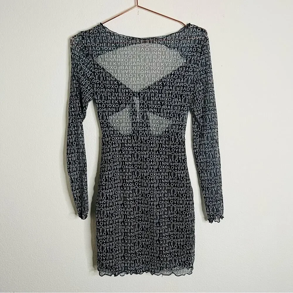 Princess Polly Text Me Mini Dress Black White print keyhole cutout mesh